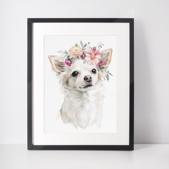 Watercolor White Chihuahua with Flowers Portrait Wall Art Print Poster Unframed - Picture 3 of 6